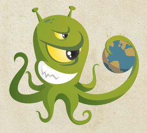OngoingWorlds logo - an alien holding a world