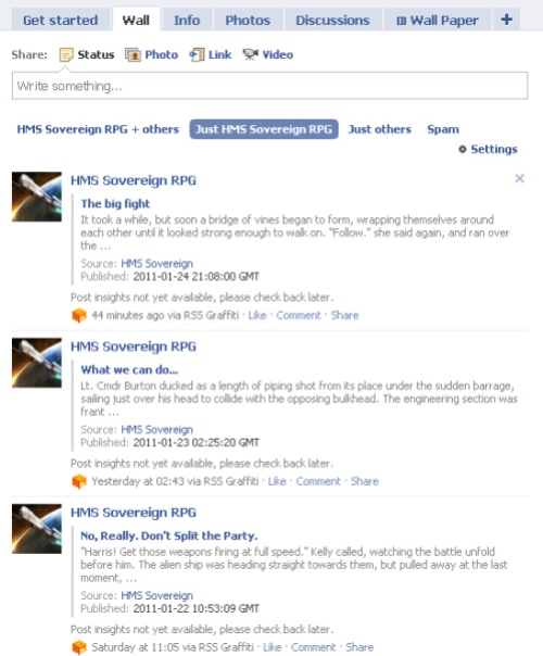 Facebook fan page wall, showing the RSS feed