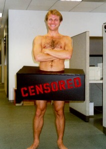 A naked man with "censored" written on a box around his groin
