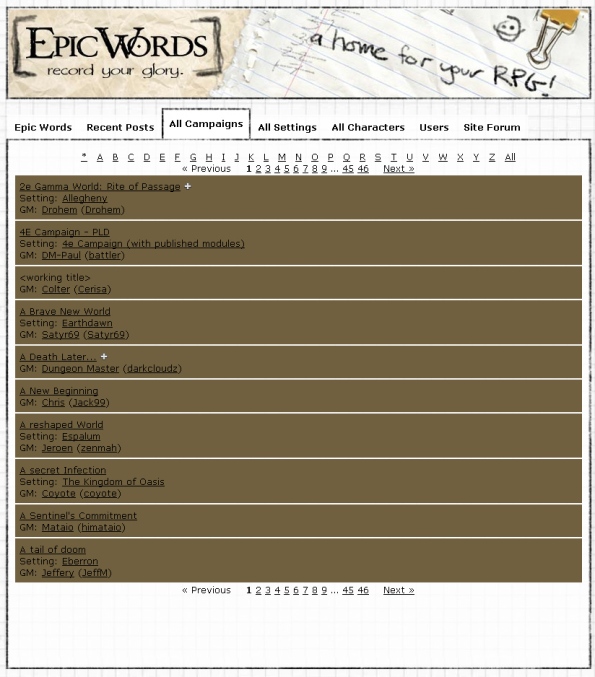 Screenshot of EpicWords.com campaign list